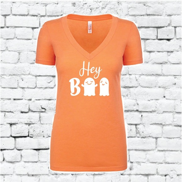 Hey Boo Shirt Halloween Women's V-Neck Ghost Tee - Picture 1 of 4